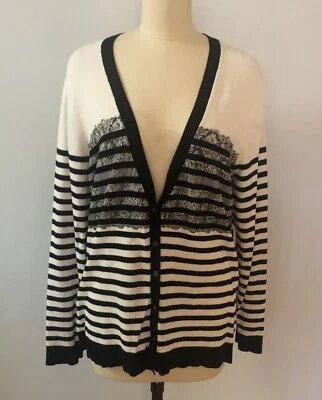 Suéter Coldwater Creek Negro Y Marfil Rayas Cuello en V LS Talla L/14 Foto 1 de 4