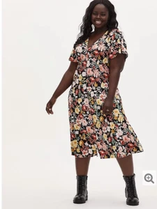 Torrid Floral Black Challis Button Front Flowy Boho Midi Dress Size 4X - Picture 1 of 6
