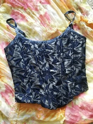 Jessica McClintock Negro Azul Marino Floral Bordado Soporte Alambres Corsé Talla S NUEVO  Foto 1 de 4