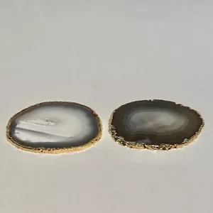 Set of 2 Natural Polished Agate Geode Slice Coasters Gold Encrusted Edges 3.75" - Picture 1 of 13