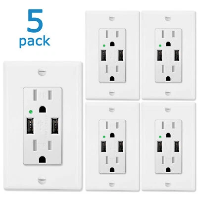 5Pack Dual USB Wall Outlet Tamper-Resistant 15Amp Power Socket Charger 2 Outlets - Image 1 of 4