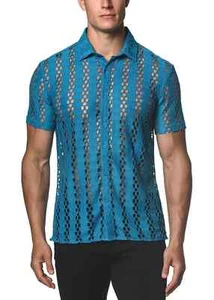 St33le Brand Men's Honey Comb Lace Short Sleeve Button Up Shirt, Sapphire- NEW - Picture 1 of 5