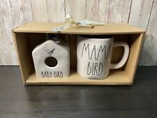 Rae Dunn White Ceramic Baby Bird & Mama Bird Square Birdhouse & Mug
