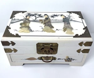 VTG Chinese Jewelry Box Chest White Lacquer Wood Brass Jade Carved Geisha Asian - Picture 1 of 24