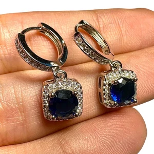 Blaue CZ Ohrhänger Creolen 925 Stil Weißgold vergoldet Damen Schmuck Geschenk " - Bild 1 von 11