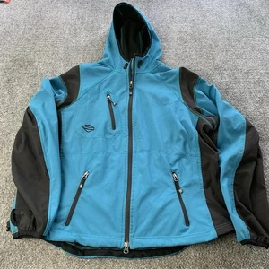 Harley Davidson Soft Shell Jacket Women’s 1W Blue Black Full Zip Hooded Pockets - Picture 1 of 13