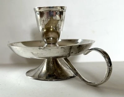 Vintage Silverplate Candle Holder Chamberstick W Handle  - Image 1 of 4