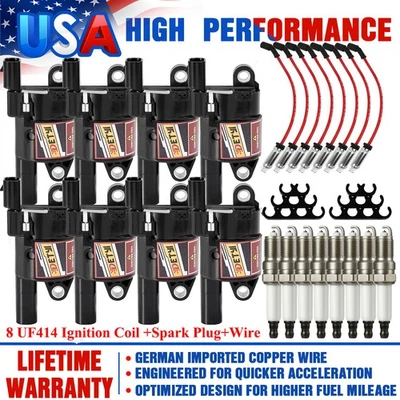 8 D514A Round Ignition Coils +Spark Plugs + Wires For GMC Sierra 1500 2007-2016 - Image 1 of 4