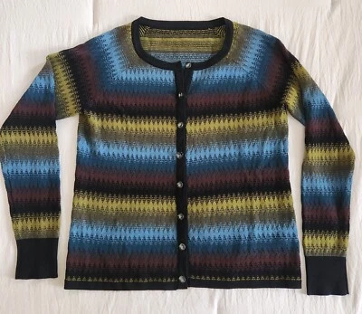 Cardigã suéter feminino Adrienne Vittadini listra M botões de joia azul verde - Imagem 1 de 4