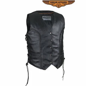 Ladies Split Cowhide Leather Club Vest W/ Side Laces - Picture 1 of 8