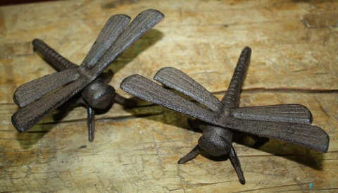 2 Rustic Cast Iron Garden Bugs DRAGONFLY Flower Insects Plants Statue Bug Cover
