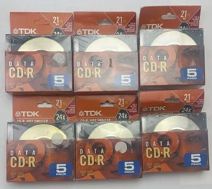 TDK Data CD-R 5 Pack Lot (30 Total) 21 Min / 185 MB 7 - Up to 24x Compatible - Picture 1 of 3