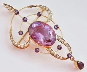 Antike viktorianische Brosche 9 kt Gold Amethyst & Perle durchbrochen Anhänger um 1900 - Bild 1 von 9
