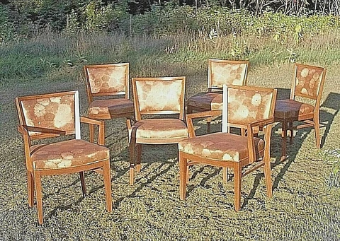 SET OF 6 EARLY 20th CENTURY FRENCH ART DECO OAK CHAIRS-2 ARM+4 SIDE Cover