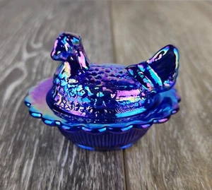 Cobalt Blue Carnival Glass Hen on Nest Salt Cellar – Ruffled Edge Glass Chicken - Picture 1 of 9