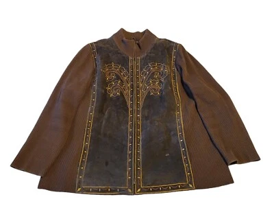 Chaqueta de cuero marrón Bob Mackie Usable Art para mujer talla 2X bordada con defectos Foto 1 de 4