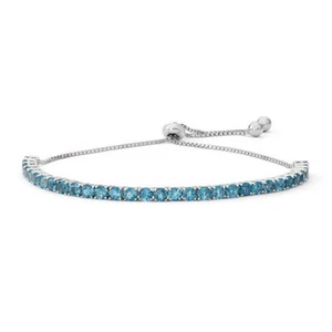 July Birthstone 4mm Lab Created Blue Topaz Bolo Bracelet 14K White Gold Plated - Picture 1 of 5