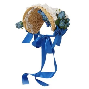 Victorian Women's   Hat Blue Floral Bonnet Hat Lolita Tea Party Lace Up Hat - Picture 1 of 10