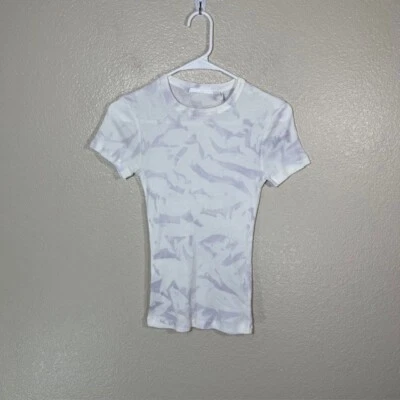 Camiseta Helmut Lang Top Mujer XS Acanalada Manga Corta Blanco Púrpura Tinte Foto 1 de 4
