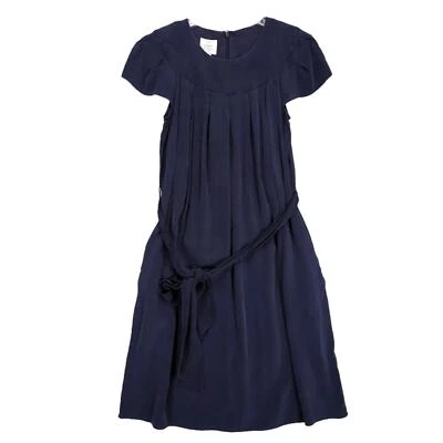 Suzi Chin Maggy Boutique Sz 6 Navy Silk A-Line Shift Midi Dress Tie Belt Petal - Image 1 of 4