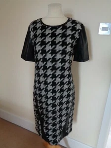 ANA ALCAZAR BLACK AND GREY HOUNDSTOOTH CHECK DRESS WITH LEATHER EFFECT TRIM - 16 - Picture 1 of 7
