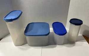 Vintage Tupperware Sheer Modular Mates Round Oval Square Set Of 4 W/Blue Lids - Bild 1 von 4