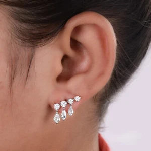 Natural SI/H Pear Round Diamond Dangle Earrings 18k White Solid Gold 0.51 Ct. - Picture 1 of 8