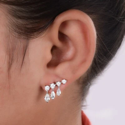 Natural SI/H Pear Round Diamond Dangle Earrings 18k White Solid Gold 0.51 Ct. - Image 1 of 4