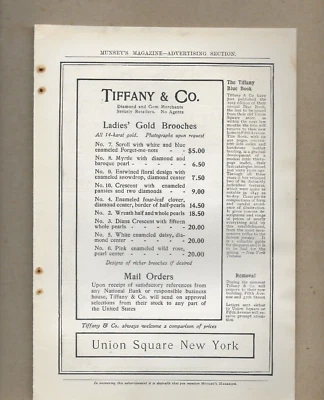 TIFFANY & CO. LADIES' GOLD BROOCHES SCROLL CRESCENT & WHEAT BISCUIT 7-1905 Ads - Image 1 of 2