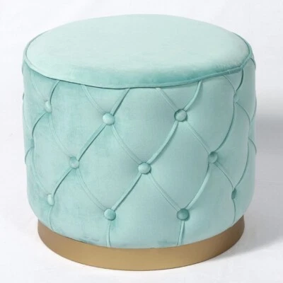 Handmade round ottoman seating with Gold Metal Cyan velvet 41Wx48H - image 1 of 4