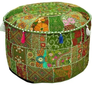 Indian Green Round Pouffe Cover Vintage Cotton Footstool Ottoman Patchwork Pouf - Picture 1 of 3