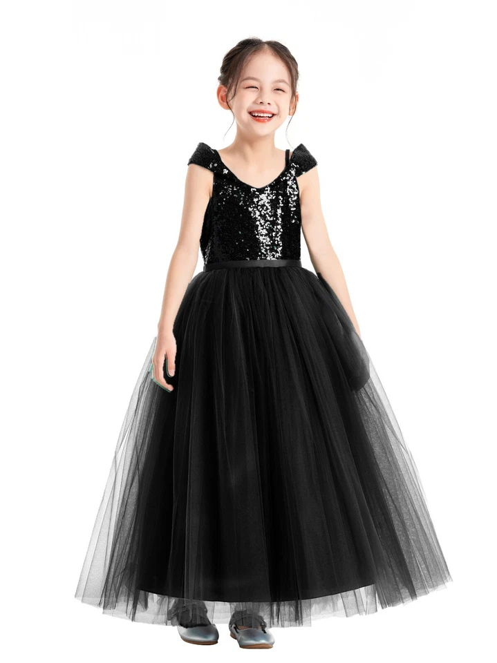 Vestido Fuera del Hombro Descubierto Vestido de Lentejuelas Boda Flor Niña Vestidos Foto 1 de 1