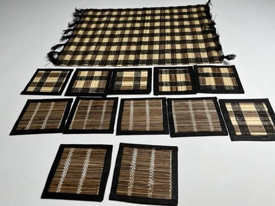 12 Wooden Bamboo Placemats Stick Yarn Black Two Tone 18”x13” And Coaster - Image 1 of 4