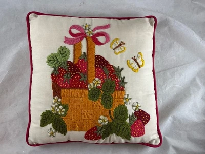 Crewel Embroidery Throw Pillow Strawberry Basket 13.25 Square Vintage 60s 70s - Image 1 of 4