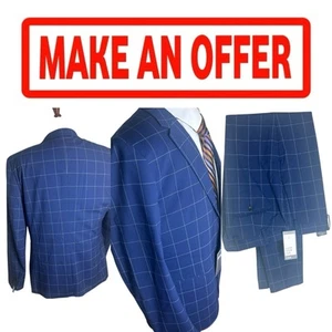 🔥H&M Blue Skinny Coupe Fit Plaid Suit 44R Jacket Blazer Pants 40x30 0268 *READ - Picture 1 of 7