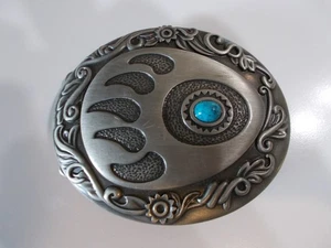 Zinn Western American Bear Print Gürtelschnalle mit türkisfarbenem Stein - Bild 1 von 3