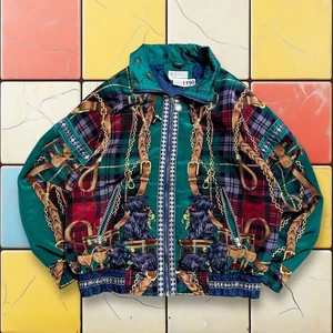 Vintage Milano Scottish Windbreaker Jacket 80s Womens M Plaid Dog Fullzip Bomber - Picture 1 of 11