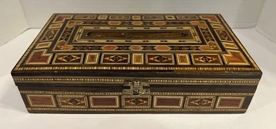 Vtg Syrian Damascus Mosaic Marquetry Inlay Wood Lined Tissue Box - Image 1 of 4
