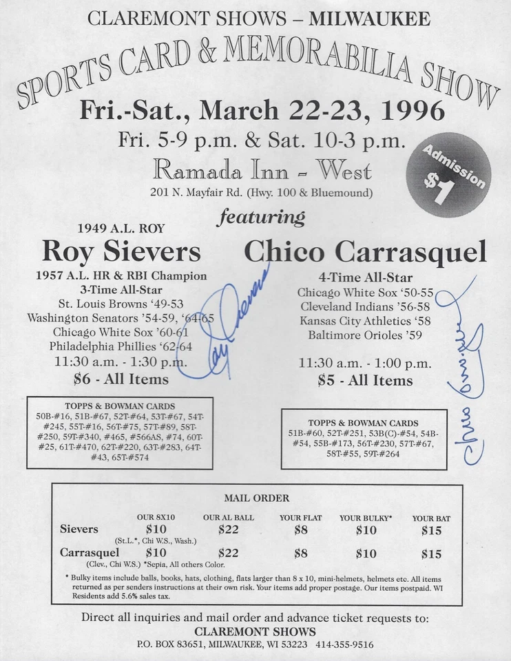 Roy Sievers & Chico Carrasquel Signed Auto 8 1/2 X 11 Baseball Show Ad Autograph - Image 1 of 1