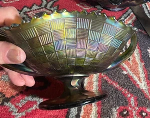 Antique Northwood Green Carnival Glass Footed/Handled Compote Bowl 3 Berry - Picture 1 of 7