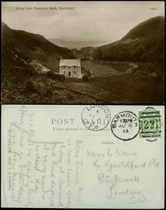 GB KG5 1913 REAL PHOTO PPC BARMOUTH PANORAMA WALK + LONDON 27B CDS TRANSIT - Picture 1 of 1