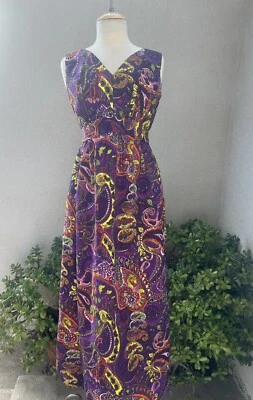 Vestido maxi vintage anos 70 mod roxo paisley tamanho pequeno - Imagem 1 de 4