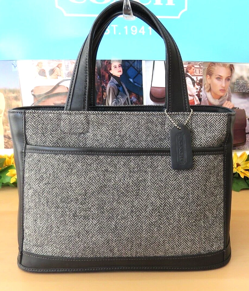 VINTAGE!! COACH Black Leather  BLEEKER Herringbone Bag Purse Tote! MINT! - Image 1 of 4