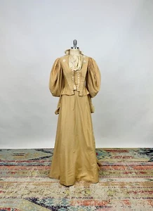 Antique Victorian 1890s Bodice & Skirt Set Tan Silk Leg of Mutton Sleeve AS IS - Picture 1 of 23