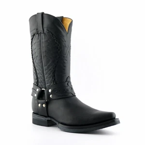 Mens Grinders Galveston Boots Black Leather Cowboy Western Pointed Slip On Boot - Picture 1 of 7