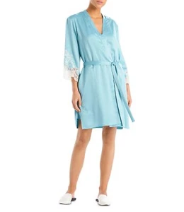 Natori Women’s Lace Trim Satin Wrap Robe, Aqua, Large - Picture 1 of 2