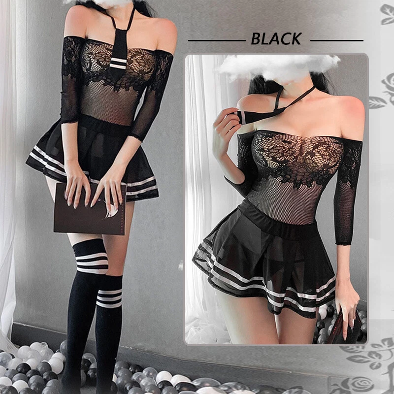 Abito donna trasparente scuola ragazza uniforme cosplay sexy lingerie club nightwear - Immagine 1 di 4