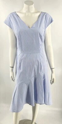 Jason Wu x Eloquii Dress Size 14 Blue White Striped Cap Sleeve Ruffle Hem V Neck - Image 1 of 4