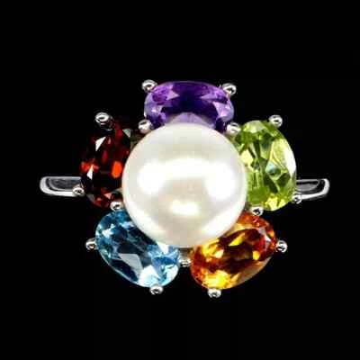 Silver Ring Pearl Amethyst Peridot Genuine Gems Solid Sterling Size O US 7.25 - Image 1 of 4