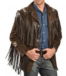 New Mens Brown Suede leather Sculley Fringe cowboy style western jacket coat - Picture 1 of 5